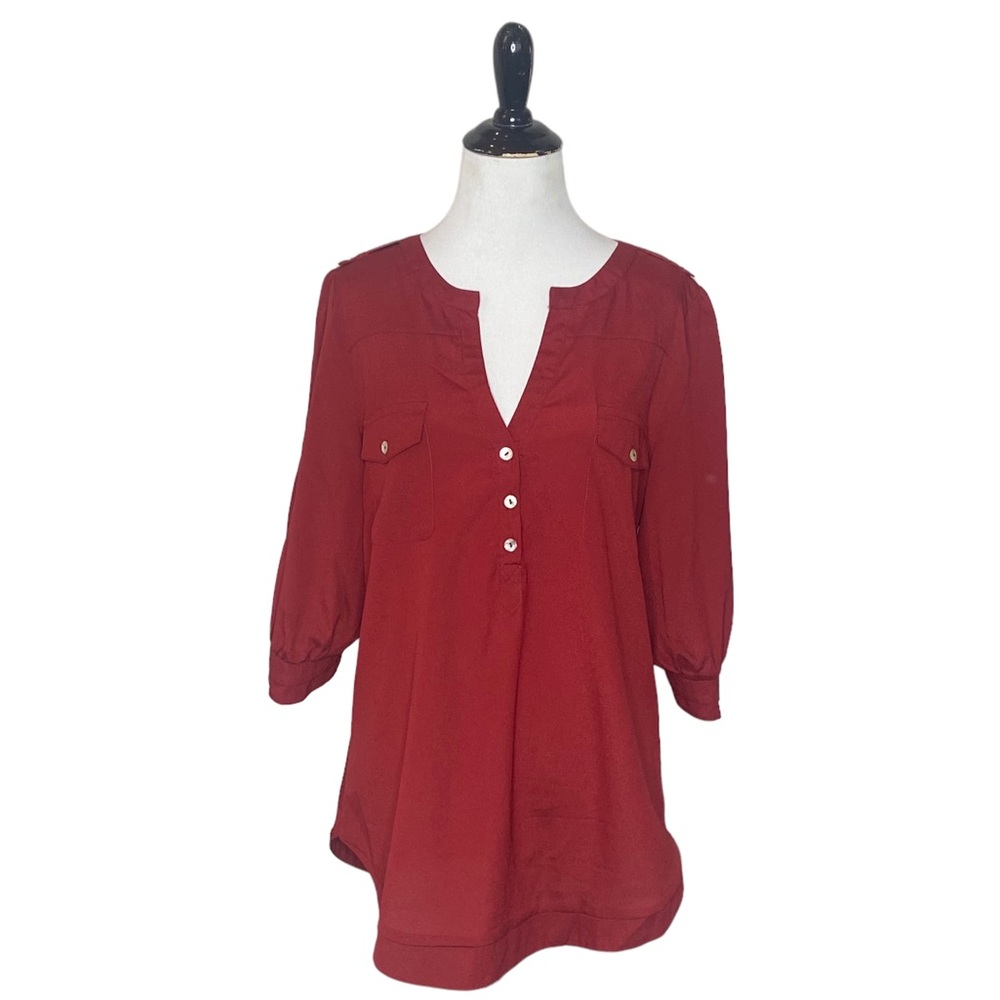 41 Hawthorne Deep Red Filbert Tulip Sleeve Pop-Over Blouse-Size Medium